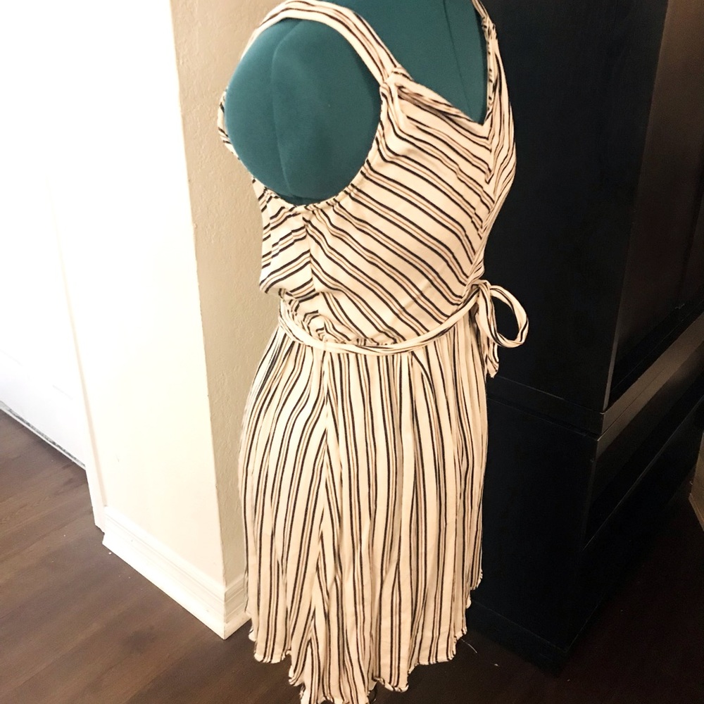 Double V-neck Striped Sun Dress w/ Waist Tie